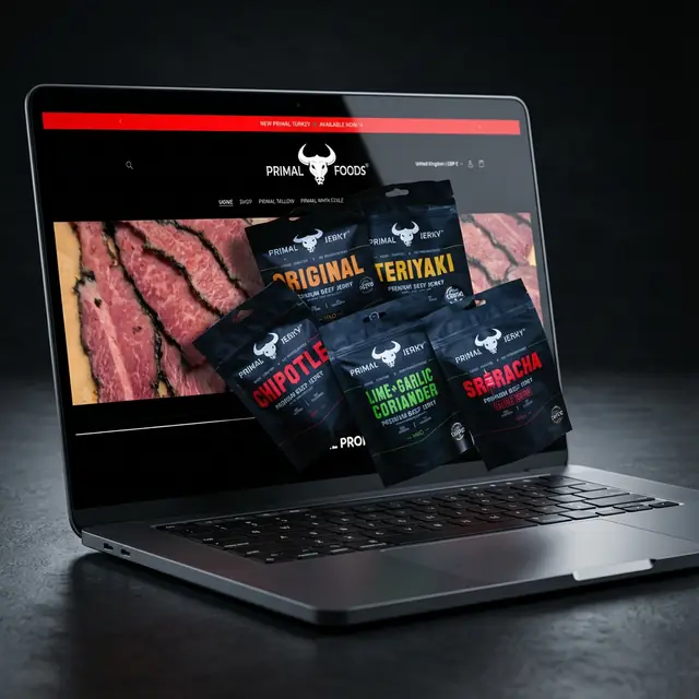 The Primal Foods website on a laptop beside its jerky packaging